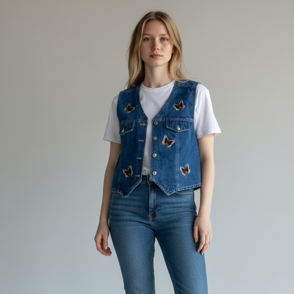 Stonebridge Butterfly Embroidered Denim Vest Sz L